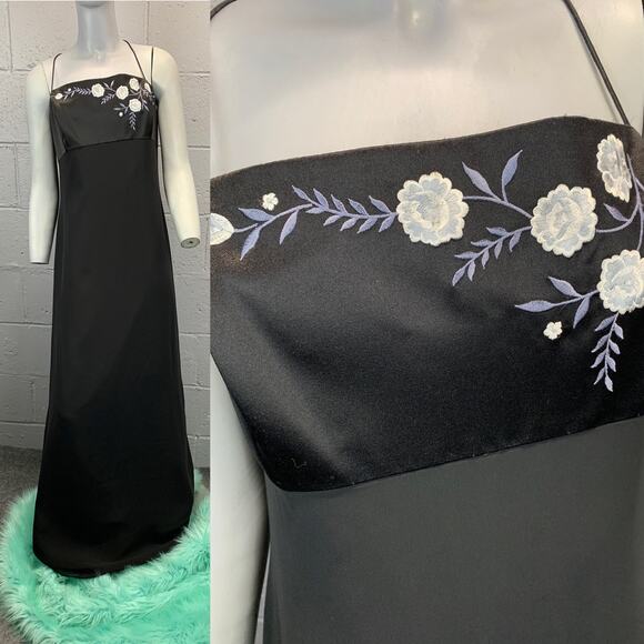 Y2K Black Satin Maxi Slip Dress Formal Prom Volup Plus 16 Floral Embroidered - Picture 1 of 9